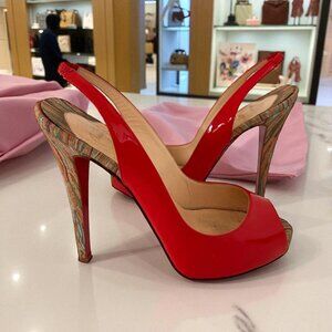 CHRISTIAN LOUBOUTIN Prive 120 Trinidad Red Patent Leather Slingback Heels Sz 37